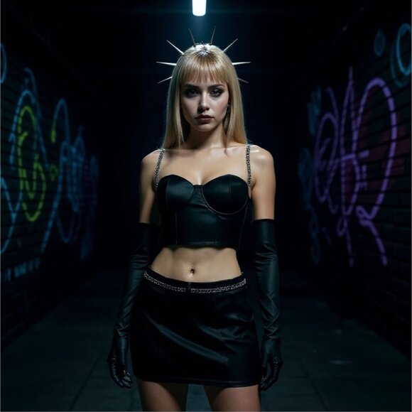 Midnight Black Satin Chain Strap Crop Top & Mini Skirt Set w/ Gloves M - Picture 2 of 9